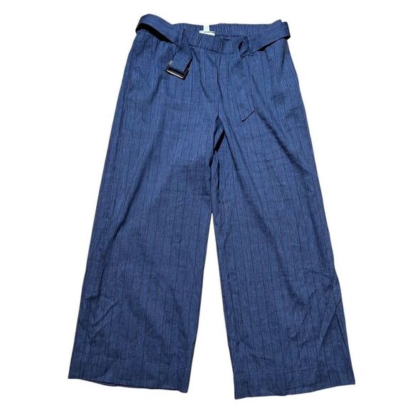 NWOT? J Jill Linen Stretch Blue Belted Pin-Striped Pull On Pants Size MT - Picture 1 of 7